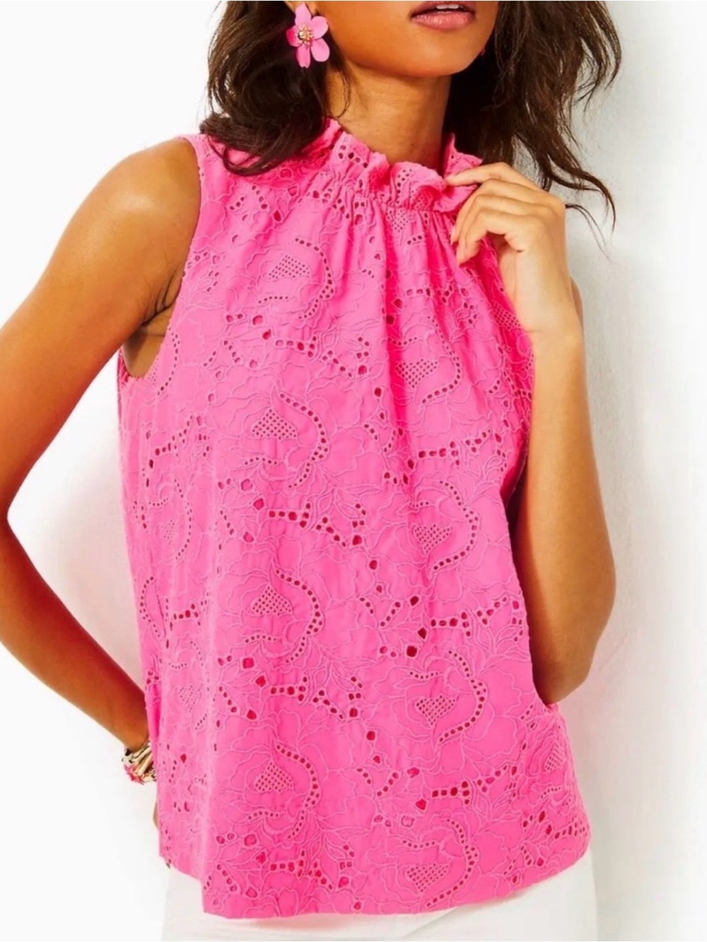 LILLY PULITZER Top, Blouse, XS, Dahliana Eyelet, Bright Pink, Summer - Picture 1 of 8
